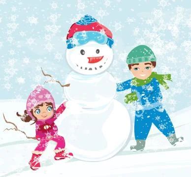 Children make a snowman. Stock Illustration