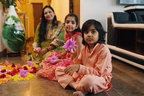 Children Making Composition From Flowers Stock Photos