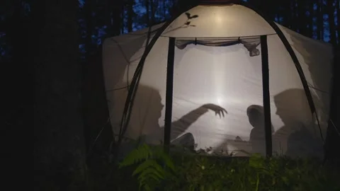 Children making shadow puppets in a camping tent at night Stock Footage 282595870