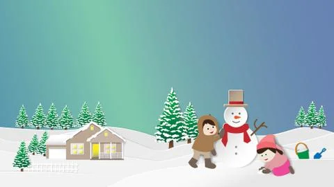 Children making snowman and snowy landscape. Winter night sky with aurora bac Stock Illustration
