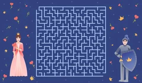 Children maze riddle, help noble knight find way to his princess, romantic Stock Illustration