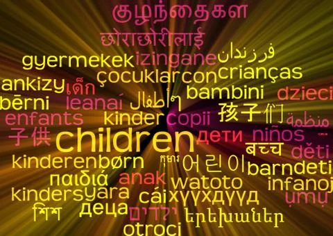 Children multilanguage wordcloud background concept glowing Stock Illustration