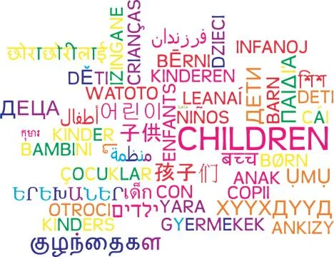 Children multilanguage wordcloud background concept Stock Illustration