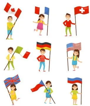 Children with national flags of different countries, holiday design elements for Illustrazione stock