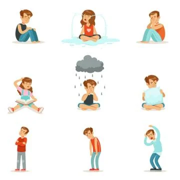 Children negative emotions, expression of different moods Stock Illustration