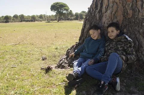 Children next to a tree trunk. Stock Photos