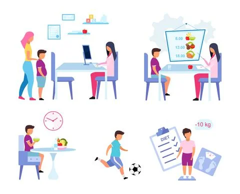 Children obesity problem flat vector illustrations set Stock Illustration