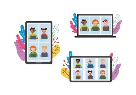 Children on online school class - computer, tablet and phone screen Stock Illustration