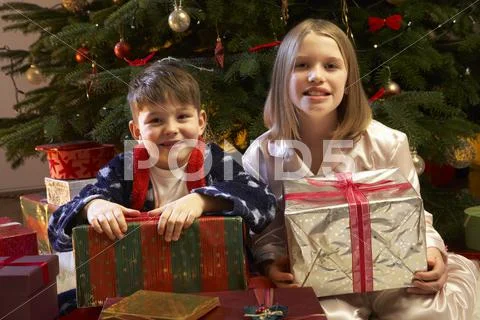 Children Opening Christmas Present In Front Of Tree Stock Photos
