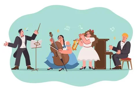 Children orchestra performs classical music with conductor leading musicians Stock Illustration