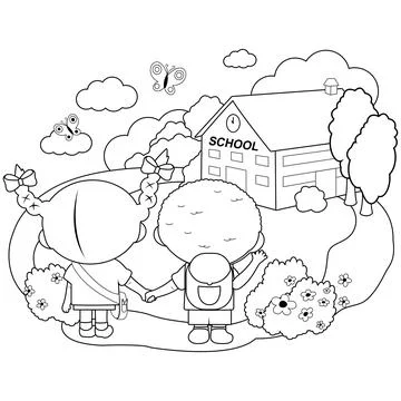 Children outside their school. Vector black and white coloring page Stock Illustration