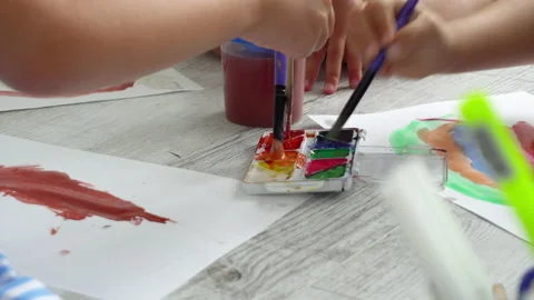 Children paint with paints Stock Footage 139404152