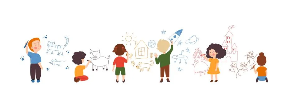 Children paint on wall, flat vector illustration isolated on white background. Stock Illustration