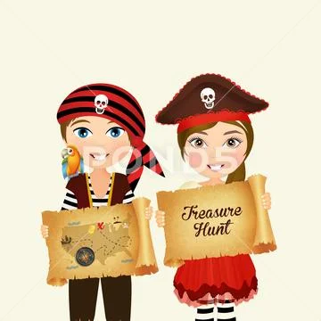 Children with parchment treasure hunt Stock Illustration