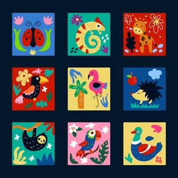 Children pattern. Background with animal. Graphic Matisse. Colorful floral le 스톡 일러스트