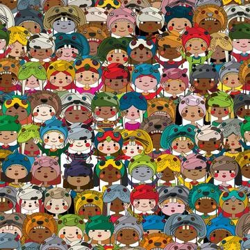Children pattern colored Seamless pattern with children wearing funny mask... Stock Photos