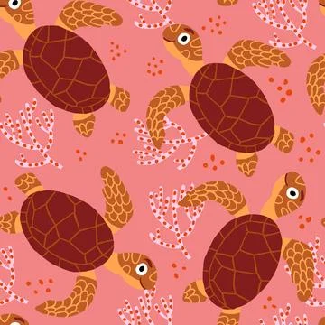 Children pattern with cute turtle characters, corals on pink background Stock Illustration