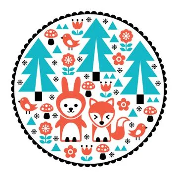 Children pattern, Scandinavian cute folk art design with nature and animals Stock Illustration