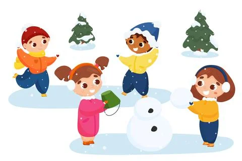 Children play active winter games. They make a snowman, throw snowballs. Stock Illustration