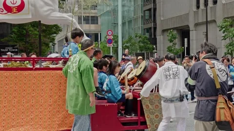 Children Play Drums on Horse Float at Sanno Matsuri, Tokyo Stock Footage 340210188