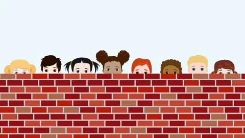 Children play hiding behind a bricks wall and then go out happy and smiling. Stock Footage 169275841