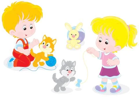 Children play with kittens Stock Illustration