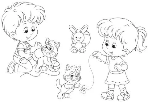 Children play with kittens Stock Illustration