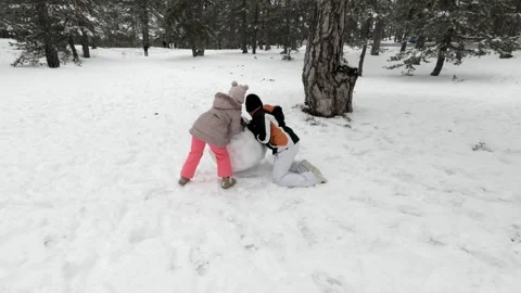 Children play in the snow while building a snowman in a winter park Stock Footage 301596159