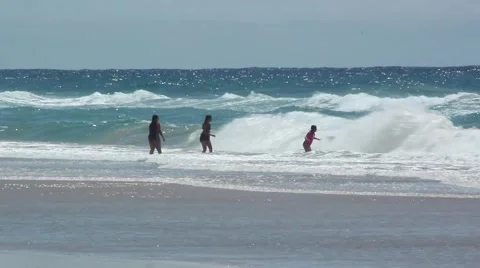 Children play in the waves at the beach Stock Footage 55253590