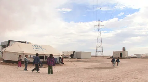 Children play at Zaatari Refugee Camp Stock Footage 35789193