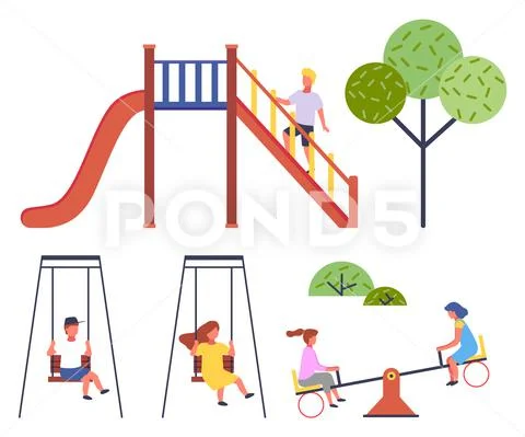 Children at playground, collection, boy at slide, boy and girl at