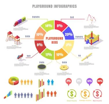 Children playground equipment vector flat isometric infographics Ilustração Stock