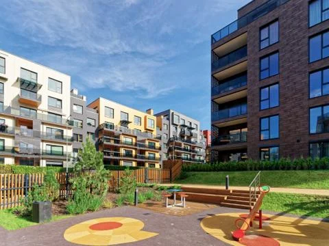 Children playground at Modern architectural complex of residential buildings Stock-Fotos