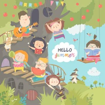 Children playing and having fun in the treehouse Stock Illustration
