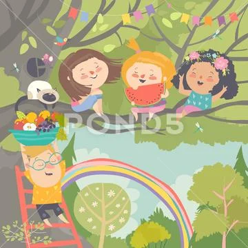Children playing and having fun in the tree Stock Illustrationen