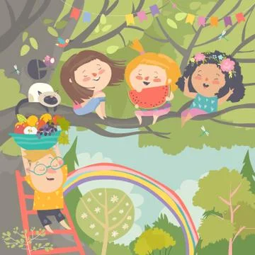 Children playing and having fun in the tree Stock Illustration
