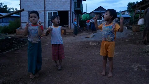 Children playing and singing in Burma, Myanmar, 4K Asia Stock Footage 95096441