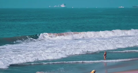 Children playing on beach with ocean waves in background Stock Footage 339519793