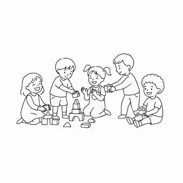 Children playing blocks together fun learning Silhouette Ilustração Stock