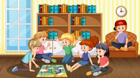 Children playing board game in library Stock Illustration