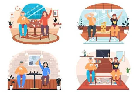 Children playing board games at a table, friends having good time together Stock Illustration