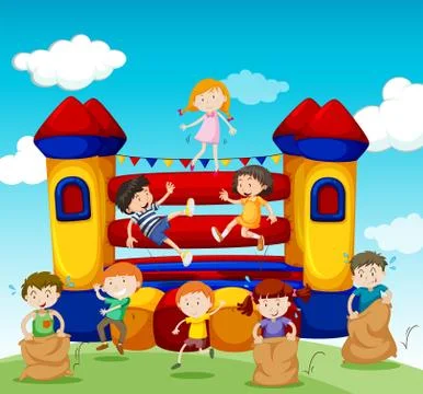 Children playing at the bouncing house Stock Illustration