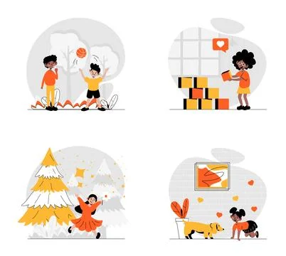 Children playing concept with character set. Collection of scenes people chil Stock Illustration