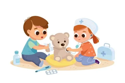 Children playing with doctor's kit. Boy and girl imagine they are doctors. Stock Illustration