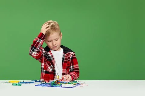 Children playing with electronic constructor at studio Stock Photos