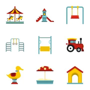Children playing elements icons set, flat style Stock Illustration