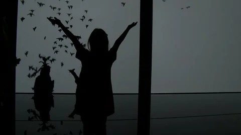 Children playing in front of a shadow play screen - digital revolution  Stock Footage 48709926