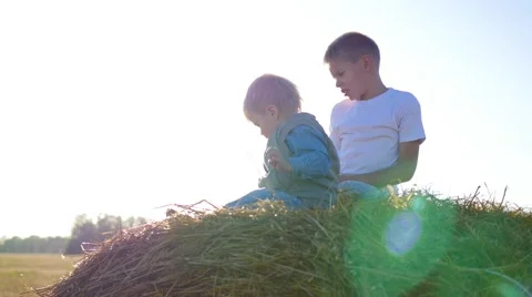 Children playing on a haystack in the sun Video stock 67287898