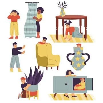 Children Playing Hide and Seek Indoor at Home Vector Set Stock Illustration