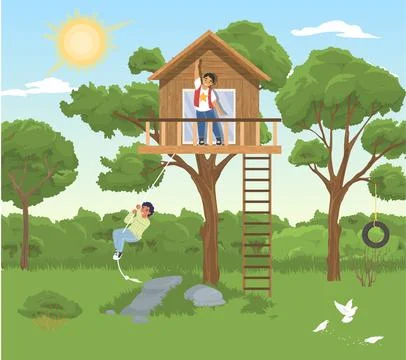 Children playing in house on tree at backyard garden vector illustration Stock Illustration